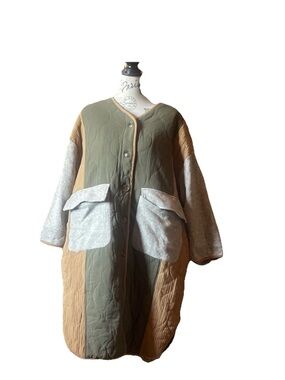 Quilted Oversize Patchwork Coat - Olive/Beige/Grey